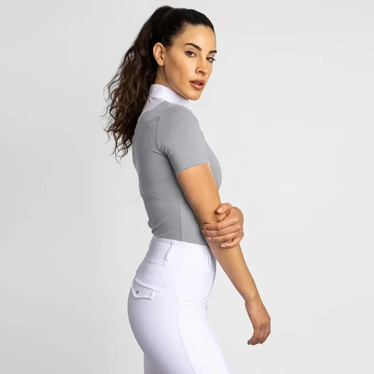 Polos équestres à manches courtes pour femmes, chemises d'équitation, maille arrière, couche de base, compétition, printemps, nouveau 12